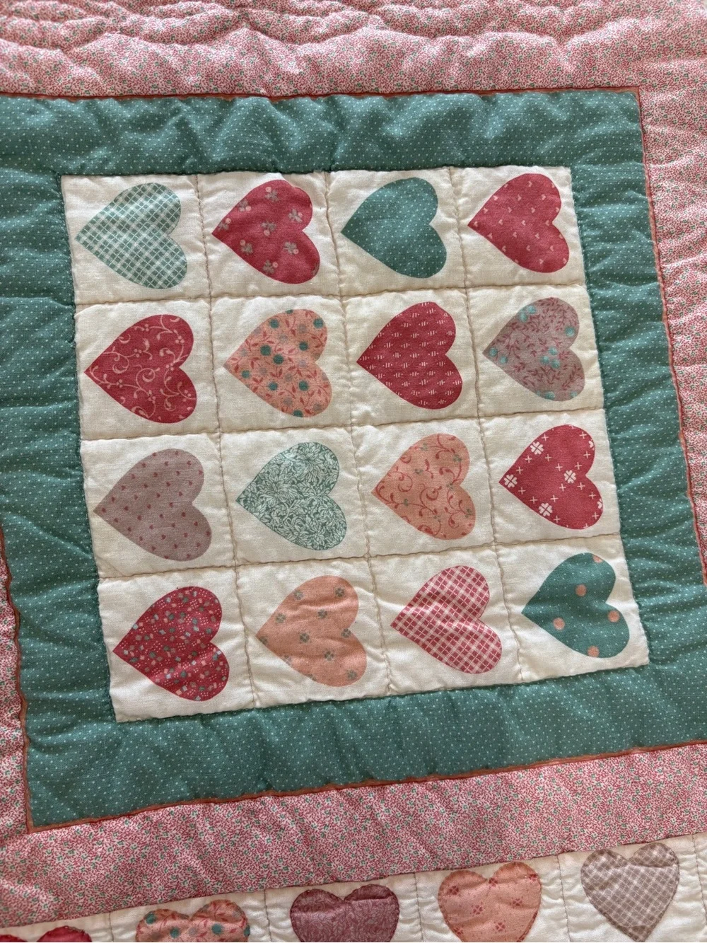 Handmade Heart Patchwork Quilt in Pink, Teal, Cream